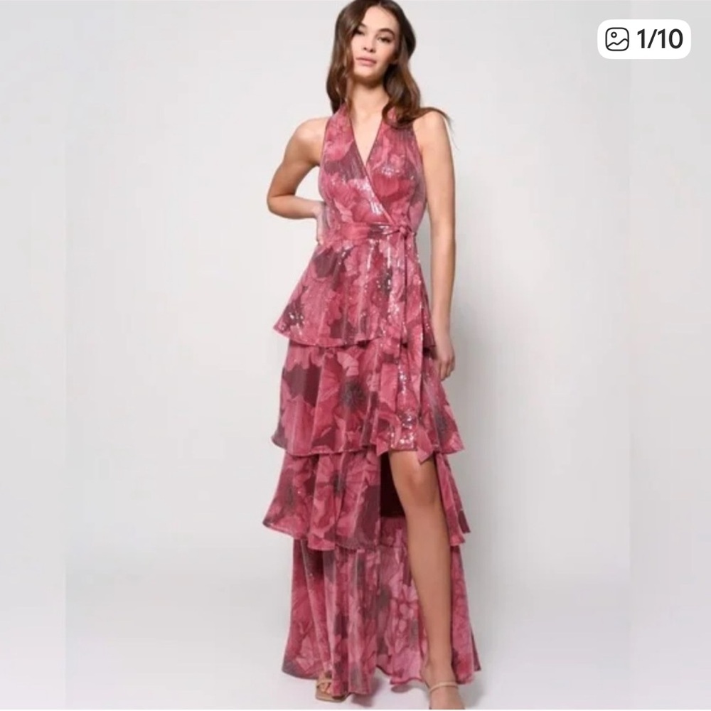 Hutch Paige Maxi Wrap Dress in Pink‎ Wine Sequins Size 1X Tiered